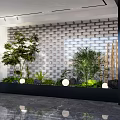 Indoor Landscape With White Brick Wall Green Plants Round Lamps Black Planter And Gray Marble