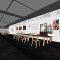 Art Exhibition Space Interior With White Walls Long Tables And Artworks 3d model