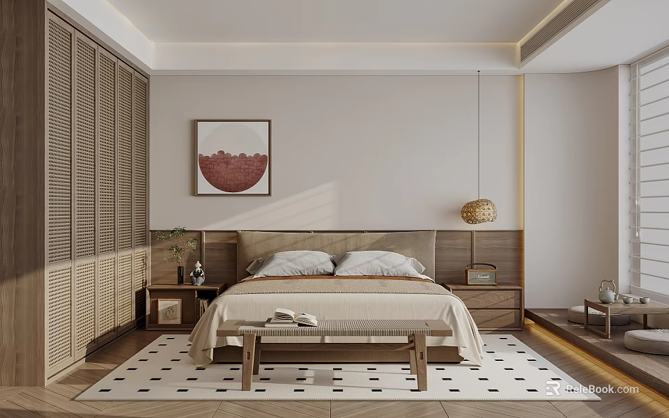 Modern Bedroom Interior Design With Decorative Artwork Black White Patterned Rug And Wooden Accents 3d model 