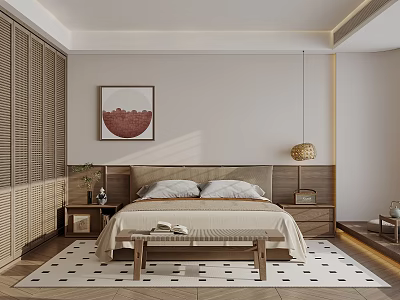 Modern Bedroom Interior Design With Decorative Artwork Black White Patterned Rug And Wooden Accents 3d model