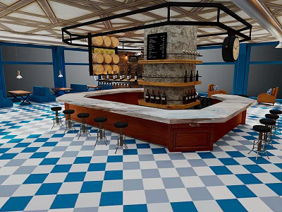 Stylish Bar Interior Design With Central Counter Black Stools Blue Walls And Checkered Floor 3d model
