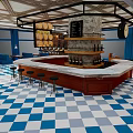 Stylish Bar Interior Design With Central Counter Black Stools Blue Walls And Checkered Floor
