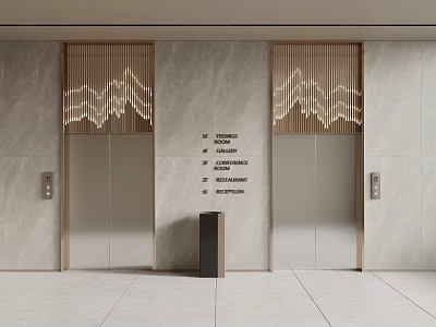 Modern Sleek Elevator Interior With Marble Walls Wooden Decorations Indicator Lights And Floor Sign 3d model