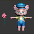 Game Movie Character Pink Fox With Blue Cap Goggles Striped Shirt Blue Overalls Holding Lollipop