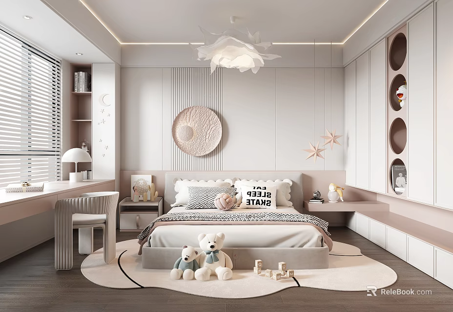 Kids Bedroom Interior Design With Cloud Chandelier Circular Decor Plush Bears Desk And Cozy Rug 3d model 