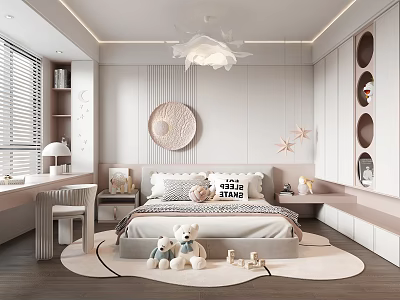 Kids Bedroom Interior Design With Cloud Chandelier Circular Decor Plush Bears Desk And Cozy Rug 3d model