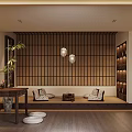 Zen Japanese style Room Interior With Wooden Buddhist Shrine Cabinet And Decorative Elements
