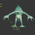 Spiked Head Shark Humanoid Game Character With Green Skin Sharp Teeth And Trident Weapon