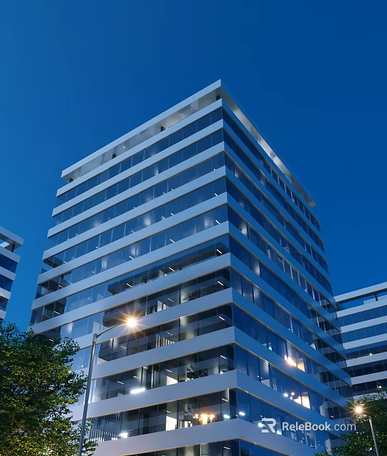 Modern High Rise Residential Building With Glass Curtain Walls And Exterior Night Lighting 3d model 