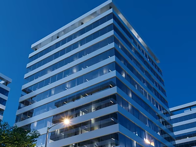 Modern High Rise Residential Building With Glass Curtain Walls And Exterior Night Lighting 3d model