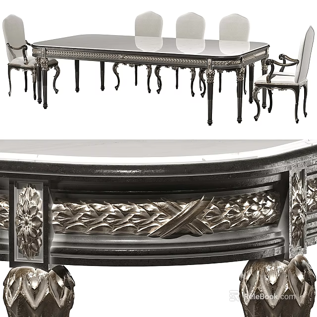 Elegant Dining Table Set With Intricate Carvings Black Tabletop And Silver Decorative Legs 3d model 