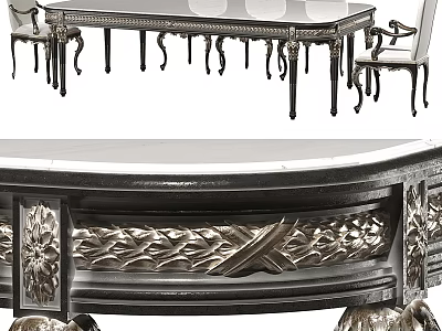 Elegant Dining Table Set With Intricate Carvings Black Tabletop And Silver Decorative Legs 3d model