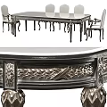 Elegant Dining Table Set With Intricate Carvings Black Tabletop And Silver Decorative Legs