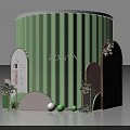 Green Cylindrical ZONYA Booth Featuring Arched Display Boards Product Images Text Plants And Circular Decorations