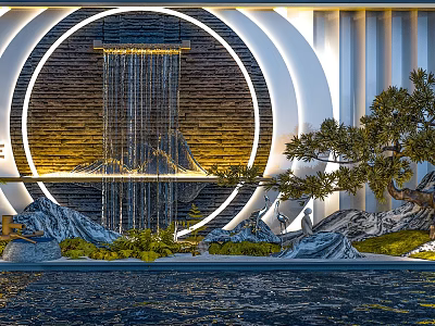 Scenic Feature Wall With Circular Illuminated Waterfall Stone Texture Pine Tree And Rock Formations 3d model