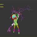 3D Character In Black White Outfit With Yellow Accents And Blue Lightning Energy Holding Weapon