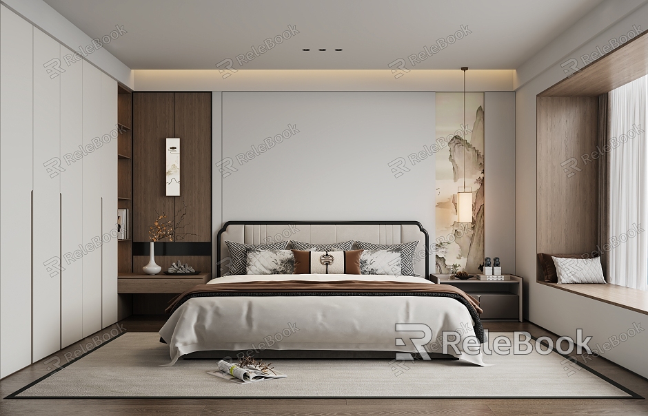 New Chinese Style Home Bedroom Double Bed New Chinese Style Bedside Background Wall Hanging Line Lamp Bay Window model