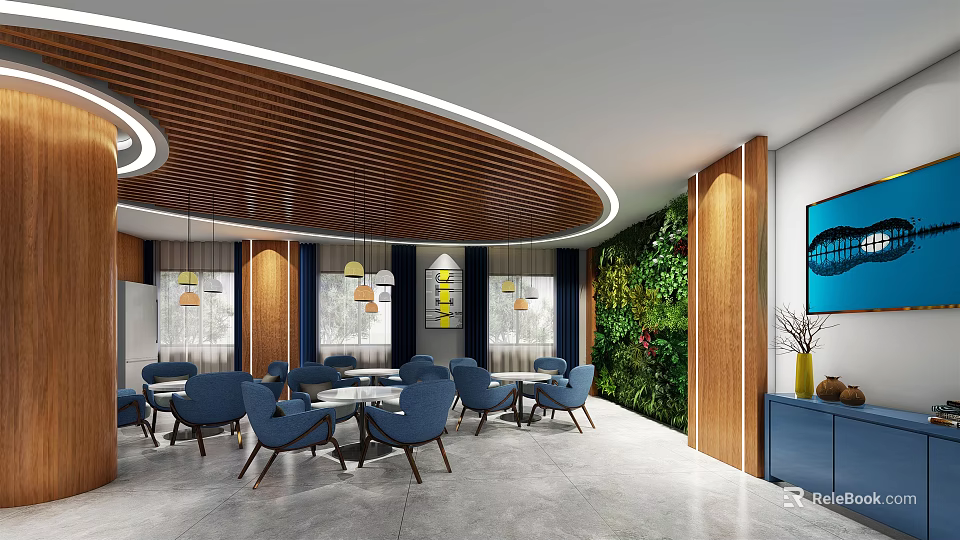 Modern Lounge Area Interior With Wooden Ceiling Pendant Lights Blue Chairs And Green Plant Wall 3d model 