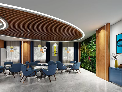 Modern Lounge Area Interior With Wooden Ceiling Pendant Lights Blue Chairs And Green Plant Wall 3d model