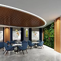Modern Lounge Area Interior With Wooden Ceiling Pendant Lights Blue Chairs And Green Plant Wall