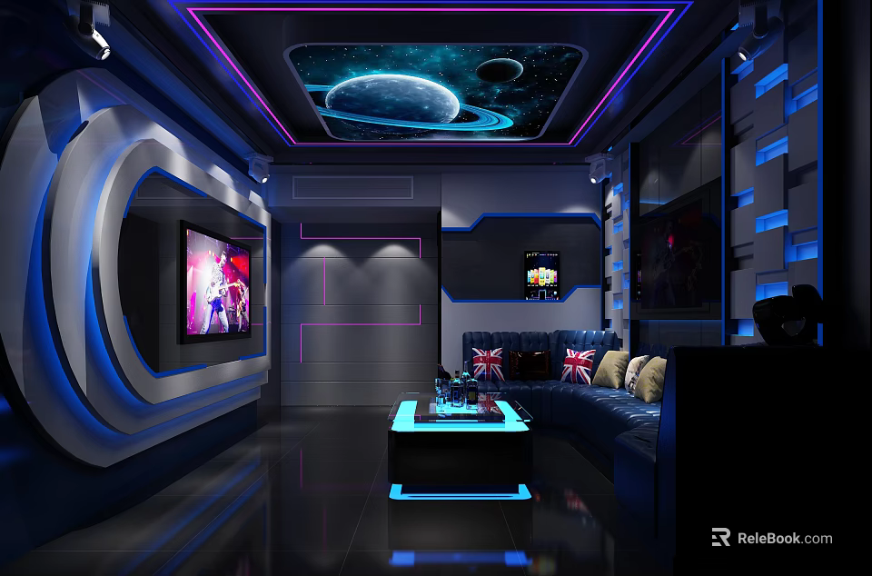 KTV Interior Design With Starry Sky Ceiling Blue Lighting Sofa And TV Screen 3d model