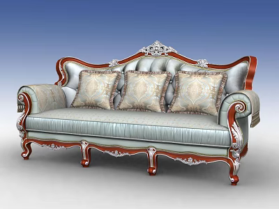 Luxurious European Style Three Seater Sofa With Carved Details And Decorative Cushions 3d model