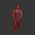 Male Worker In Gray Overalls With Red Pockets Standing On Gray Background