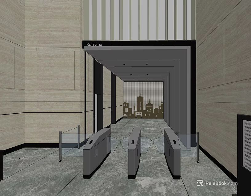 Elegant Front Desk Reception Area With Entrance Turnstiles Striped Walls And City Skyline Background 3d model 