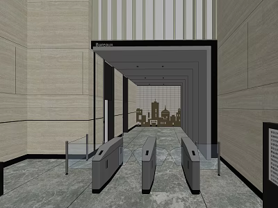 Elegant Front Desk Reception Area With Entrance Turnstiles Striped Walls And City Skyline Background 3d model