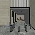Elegant Front Desk Reception Area With Entrance Turnstiles Striped Walls And City Skyline Background