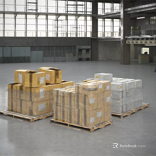 Display Shelves In Industrial Warehouse With Stacked Yellow White Cardboard Boxes On Pallets 3d model 