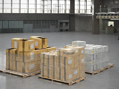 Display Shelves In Industrial Warehouse With Stacked Yellow White Cardboard Boxes On Pallets 3d model