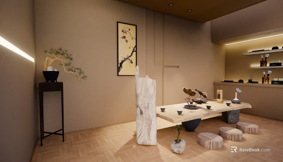 Serene Zen Style Interior Tea Room Featuring Wooden Table Tea Set Bonsai And Hanging Painting 3d model 