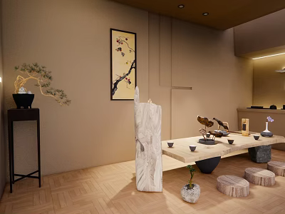 Serene Zen Style Interior Tea Room Featuring Wooden Table Tea Set Bonsai And Hanging Painting 3d model