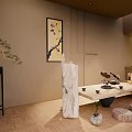 Serene Zen Style Interior Tea Room Featuring Wooden Table Tea Set Bonsai And Hanging Painting