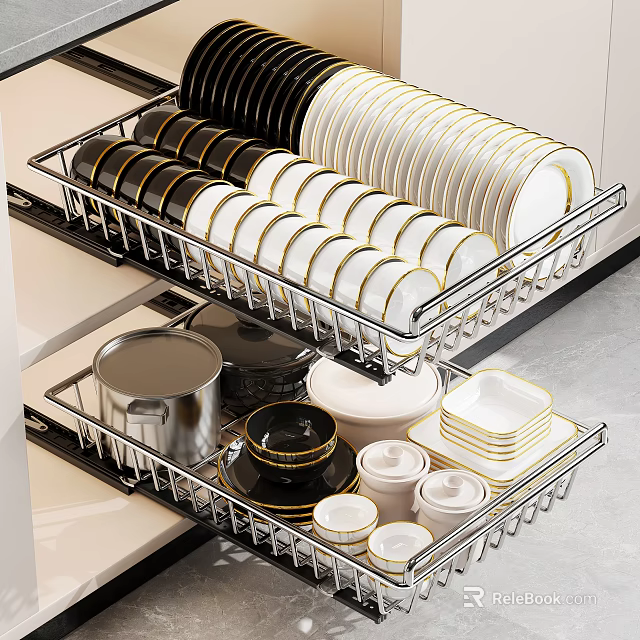 Modern Kitchen Drawer Organizer With Plates Bowls Pots And Containers 3d model 