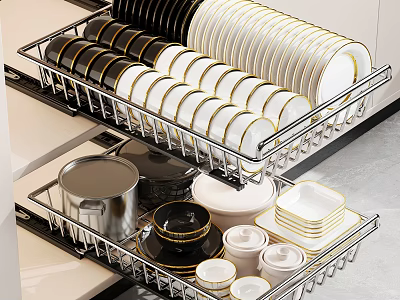 Modern Kitchen Drawer Organizer With Plates Bowls Pots And Containers 3d model