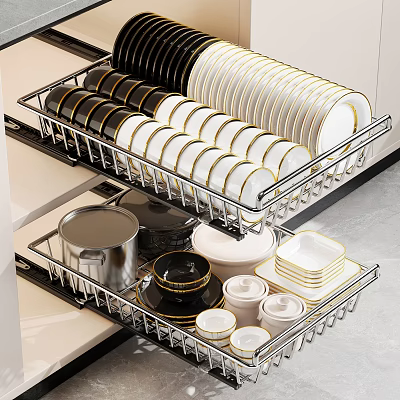 Modern Kitchen Drawer Organizer With Plates Bowls Pots And Containers 3d model