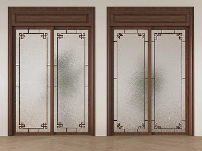 Sliding Doors With Wooden Frames Frosted Glass And Decorative Patterns In Interior 3d model