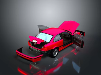 Red Sports Car with Open Doors Hood and Trunk Detailed View 3d model
