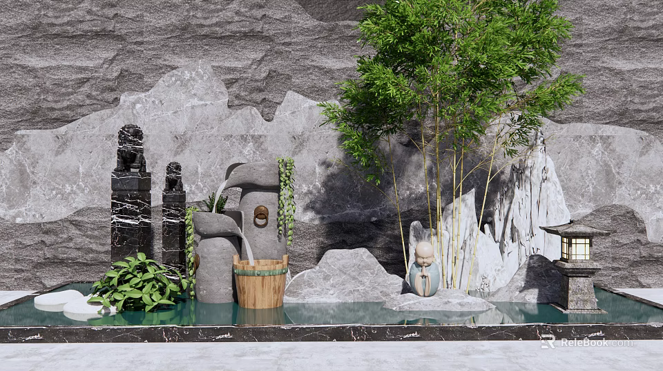 Garden Ornamentals With Rocky Mountain Bamboo Stone Lion Wooden Bucket Water Pool And Green Plants 3d model 