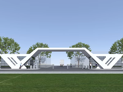 Modern Industrial Factory Building Entrance With Gate Lawn And Trees 3d model