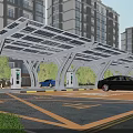 Solar Canopy Covered Parking Lot with EV Charging Stations Near High Rise Buildings and Greenery