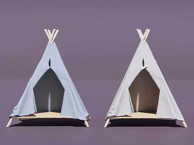 Simple Two Tipi Style Tents With Light Blue And Gray Covers And Wooden Poles 3d model