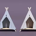 Simple Two Tipi Style Tents With Light Blue And Gray Covers And Wooden Poles