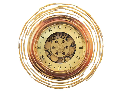 Golden Clock with Roman Numerals Intricate Gear Mechanism and Spiral Frame Design 3d model