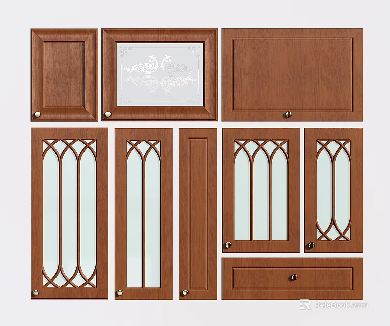 Wooden Wardrobe Doors Featuring Glass Panels Carved Designs And Various Styles 3d model 