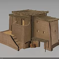 Traditional Clay Building Model With Multiple Roofs Stairs Windows And Wooden Door