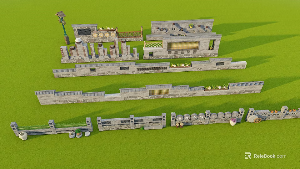 Diverse Stone Garden Wall Designs With Layered Structures And Decorative Elements 3d model