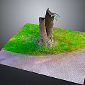 Rustic Wooden Stump Surrounded by Lush Green Grass and Stone Paving